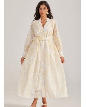 Pure single-breasted long dress lace long sleeve dress