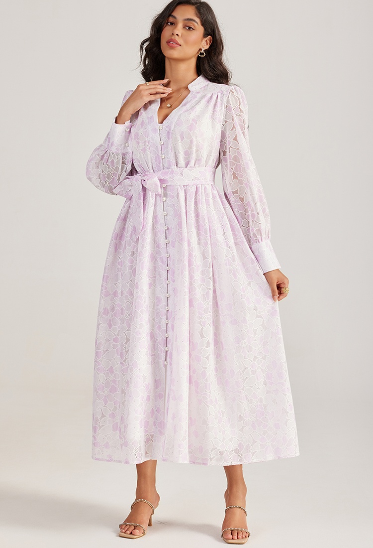 Pure single-breasted long dress lace long sleeve dress