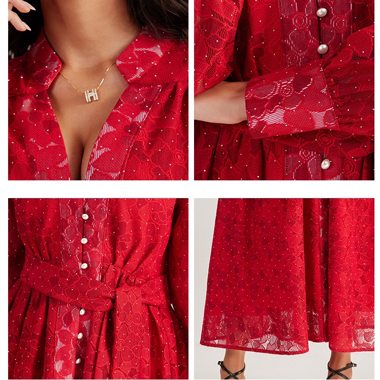 Pure single-breasted long dress lace long sleeve dress