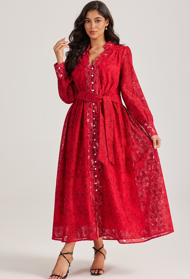 Pure single-breasted long dress lace long sleeve dress