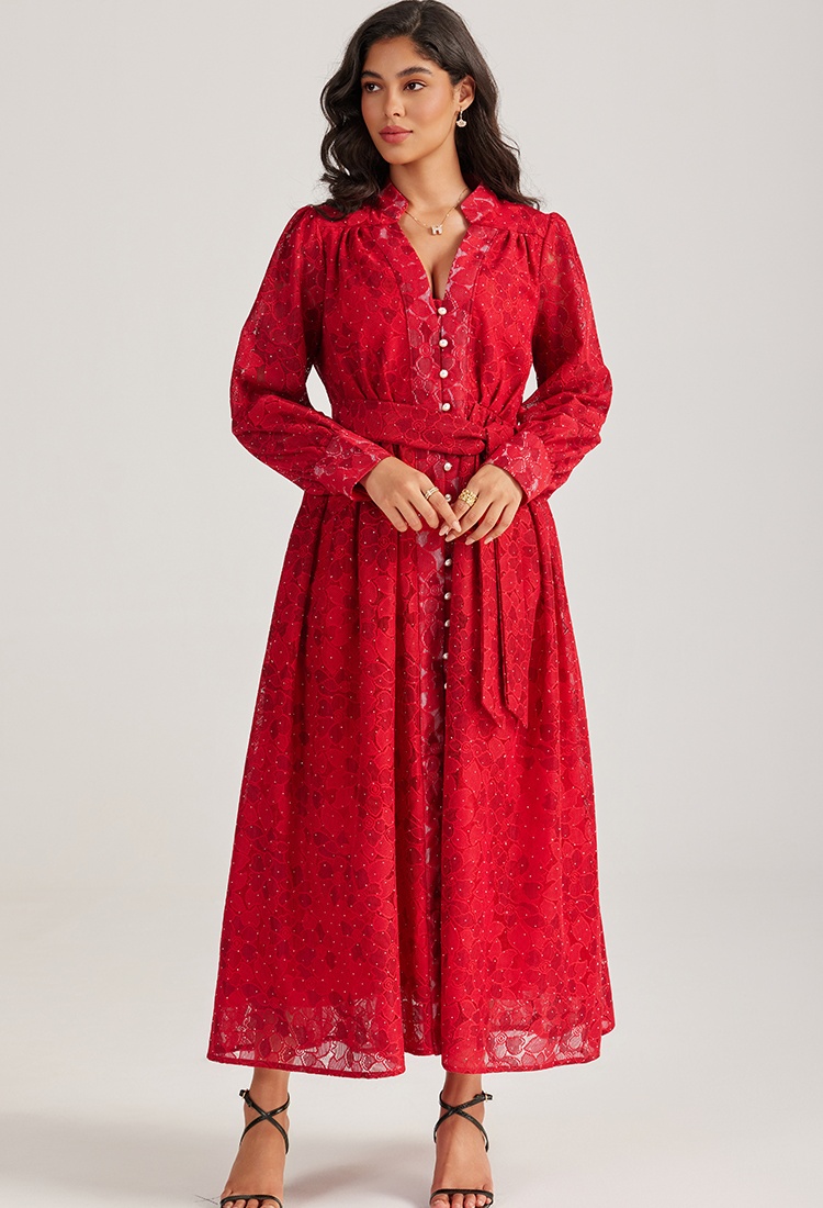Pure single-breasted long dress lace long sleeve dress