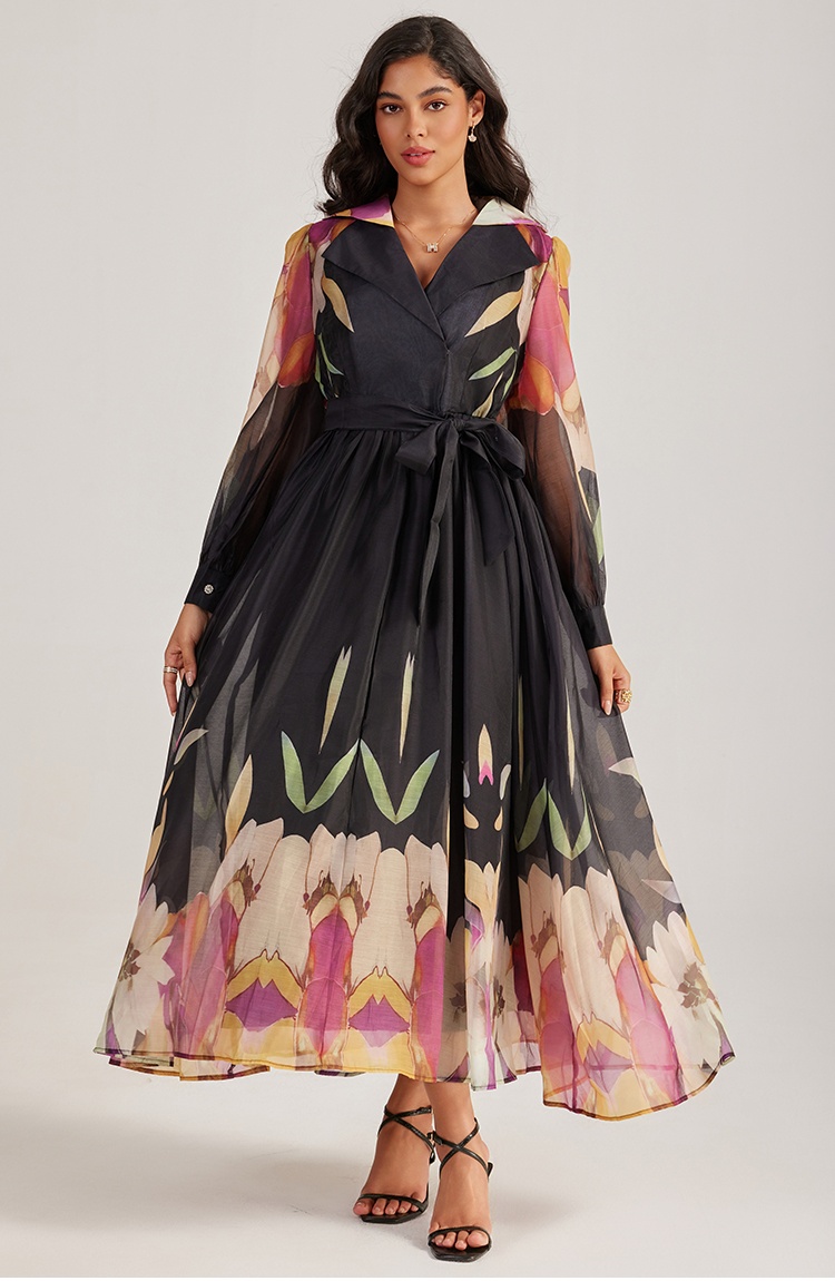 Court style vacation long dress printing long sleeve dress