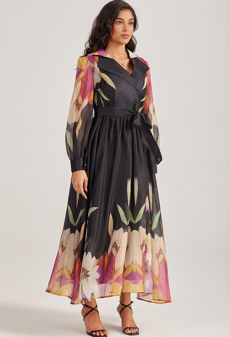 Court style vacation long dress printing long sleeve dress