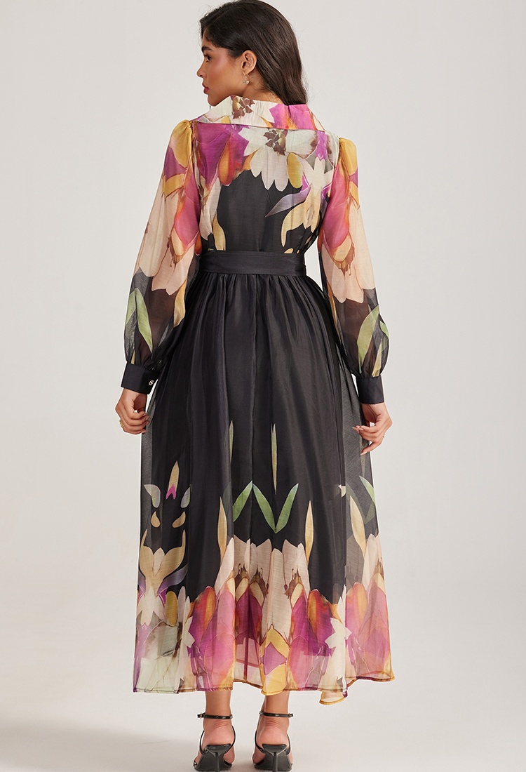 Court style vacation long dress printing long sleeve dress