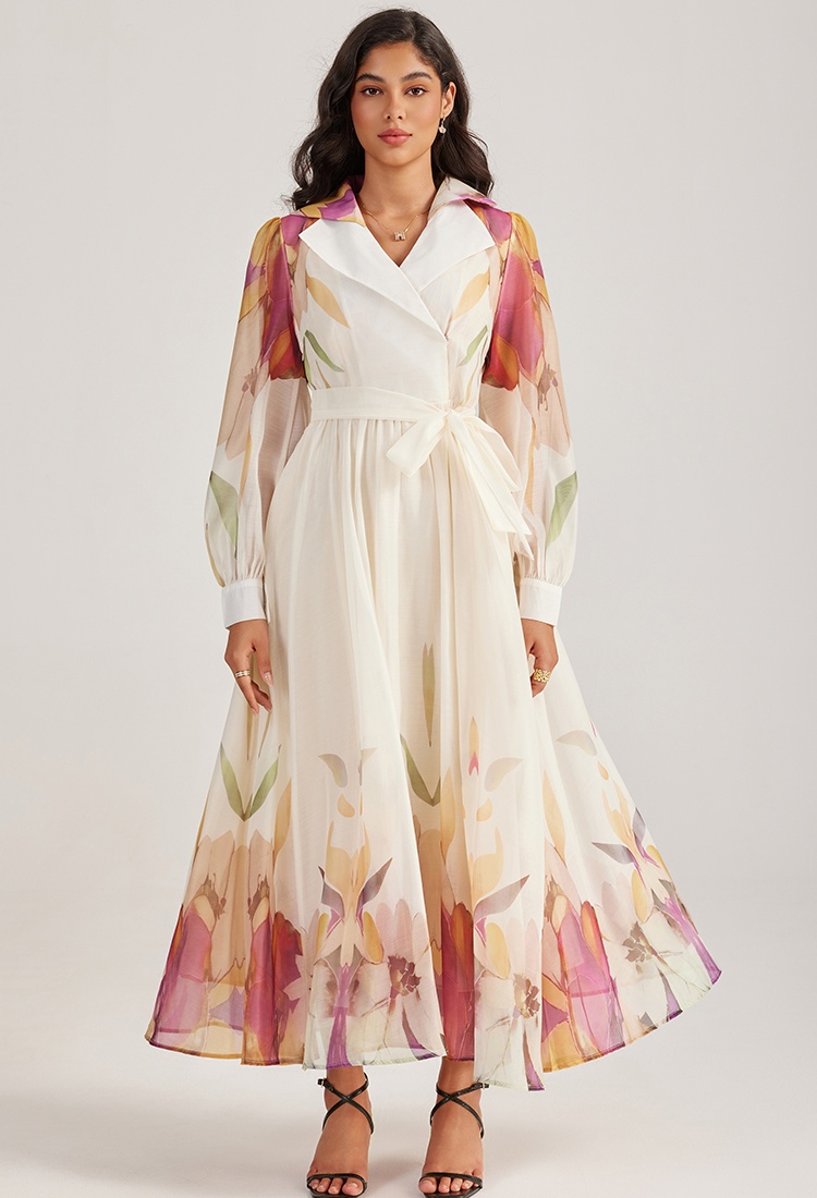 Court style vacation long dress printing long sleeve dress