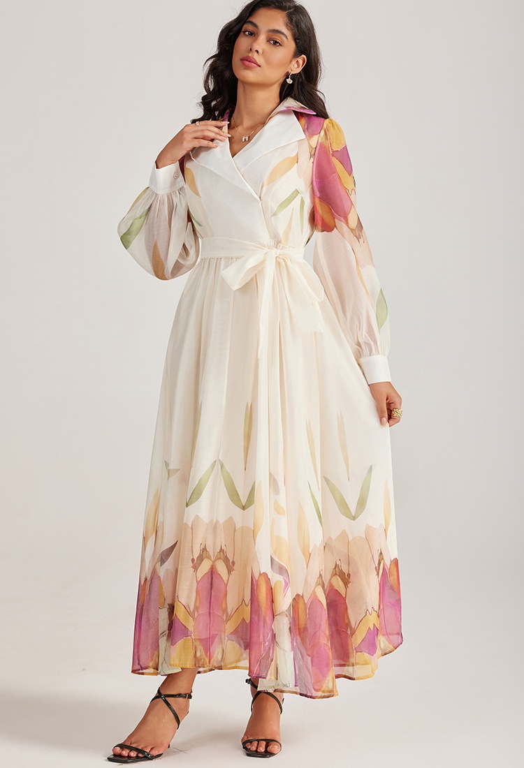 Court style vacation long dress printing long sleeve dress