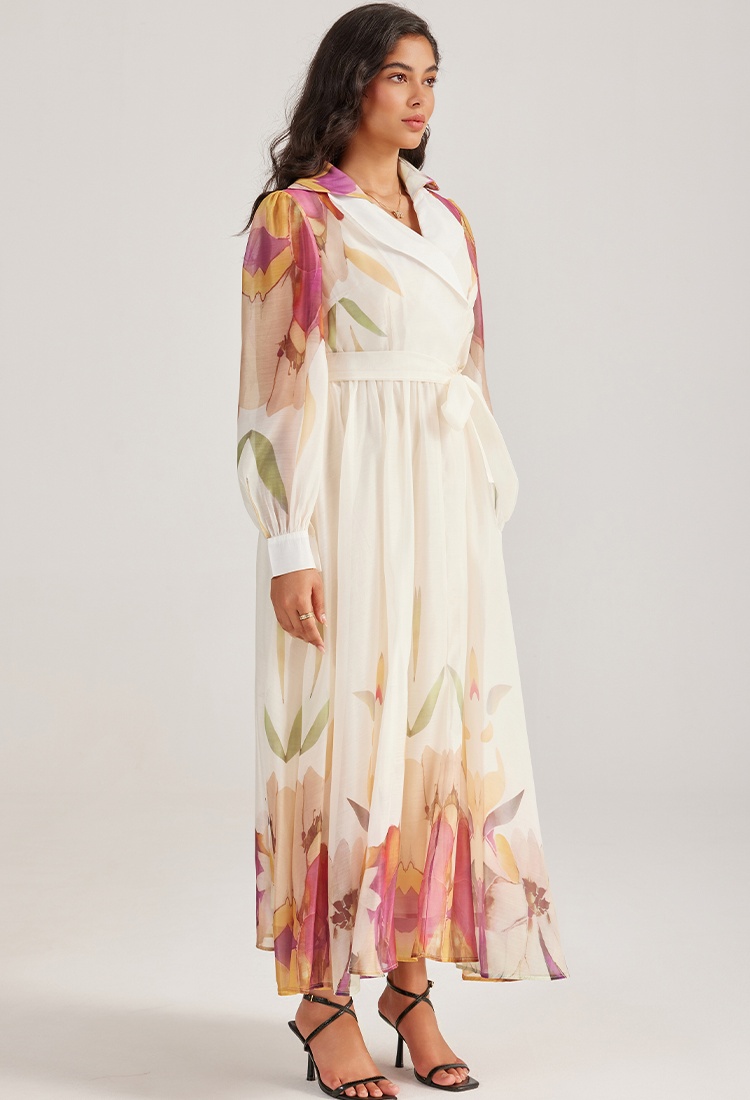 Court style vacation long dress printing long sleeve dress