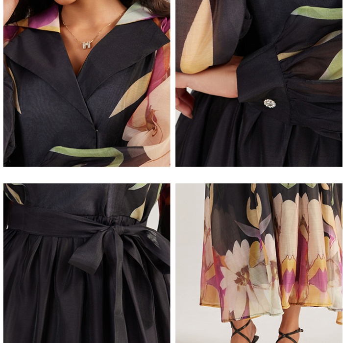 Court style vacation long dress printing long sleeve dress