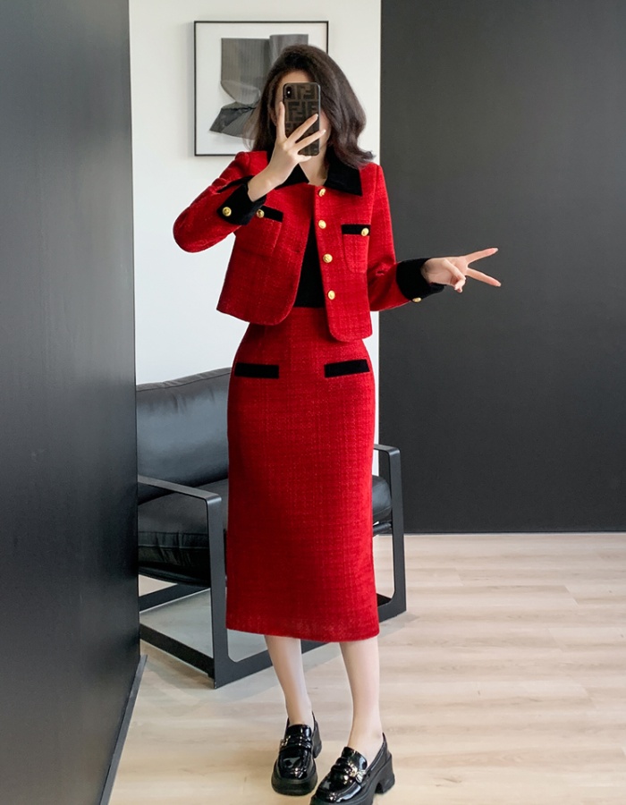 Clip cotton splice France style skirt 2pcs set