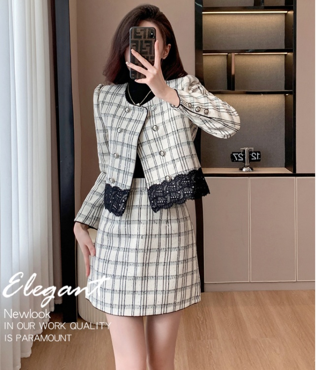 Plaid retro short skirt fashion lace coat 2pcs set