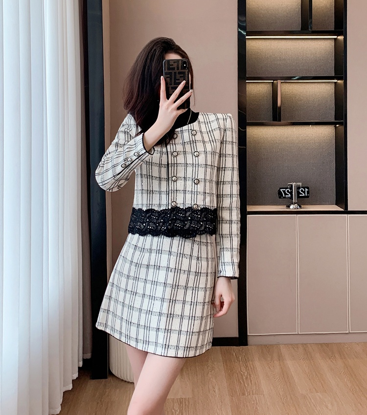 Plaid retro short skirt fashion lace coat 2pcs set