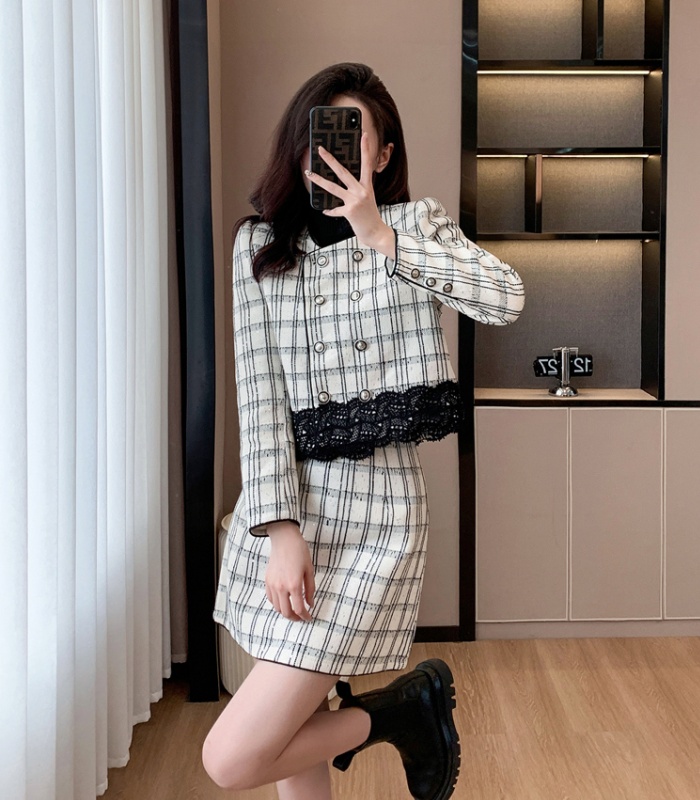 Plaid retro short skirt fashion lace coat 2pcs set
