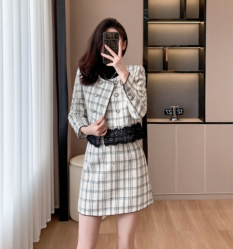 Plaid retro short skirt fashion lace coat 2pcs set