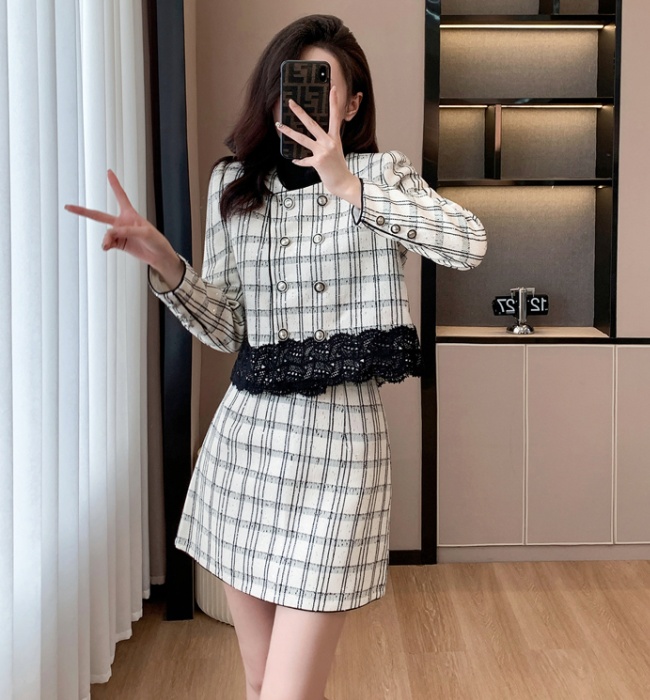 Plaid retro short skirt fashion lace coat 2pcs set