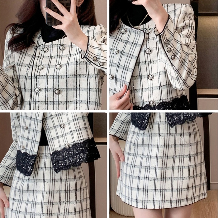 Plaid retro short skirt fashion lace coat 2pcs set