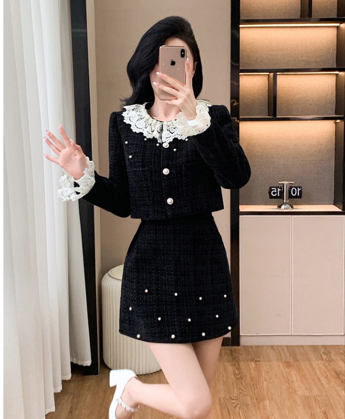 Autumn and winter beading skirt fashion coat 2pcs set
