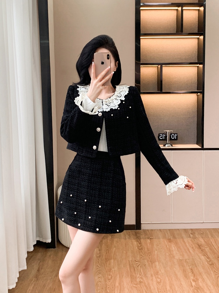 Autumn and winter beading skirt fashion coat 2pcs set