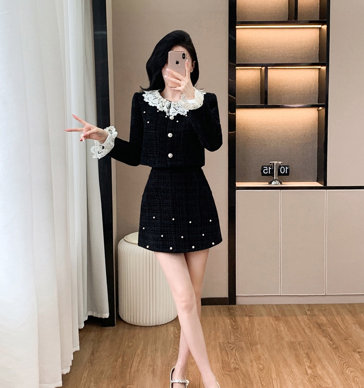 Autumn and winter beading skirt fashion coat 2pcs set