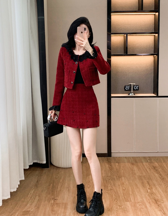 Autumn and winter beading skirt fashion coat 2pcs set