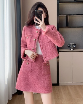 Hairy pink coat autumn and winter short skirt 2pcs set
