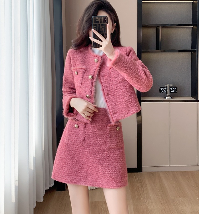 Hairy pink coat autumn and winter short skirt 2pcs set
