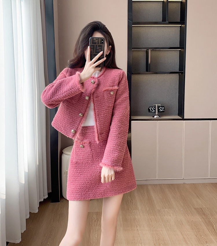 Hairy pink coat autumn and winter short skirt 2pcs set