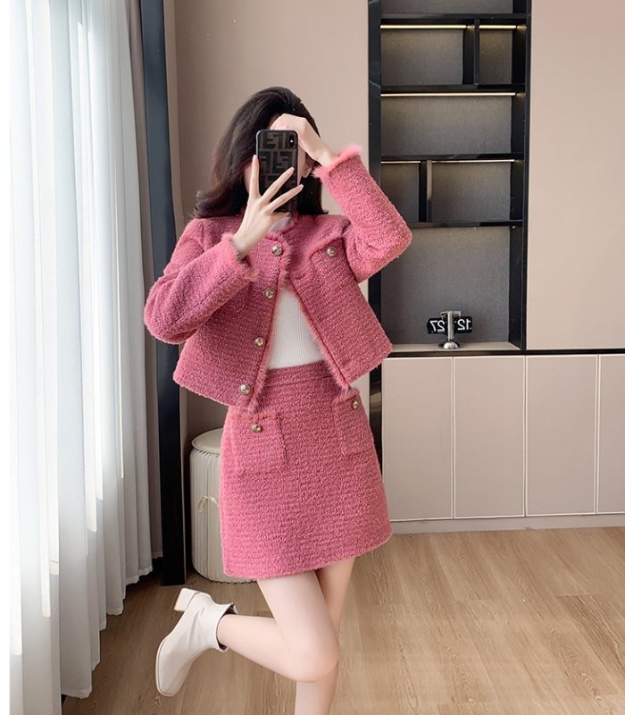 Hairy pink coat autumn and winter short skirt 2pcs set