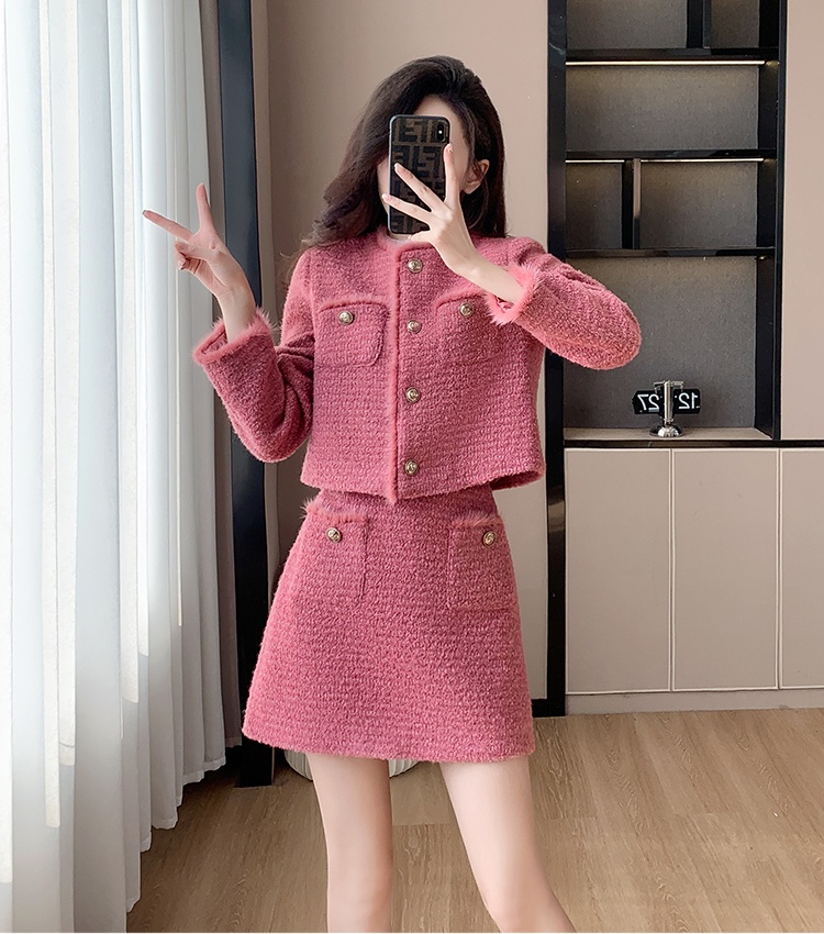 Hairy pink coat autumn and winter short skirt 2pcs set