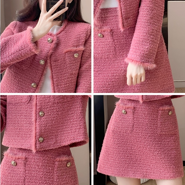 Hairy pink coat autumn and winter short skirt 2pcs set