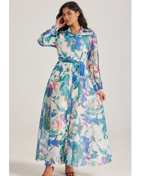 Court style long sleeve dress printing long dress