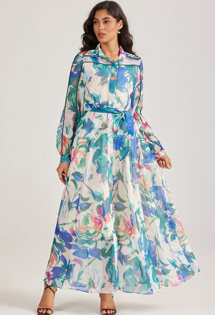 Court style long sleeve dress printing long dress