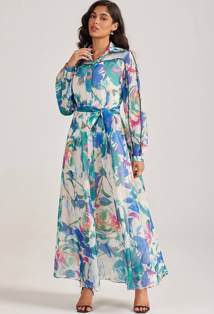 Court style long sleeve dress printing long dress