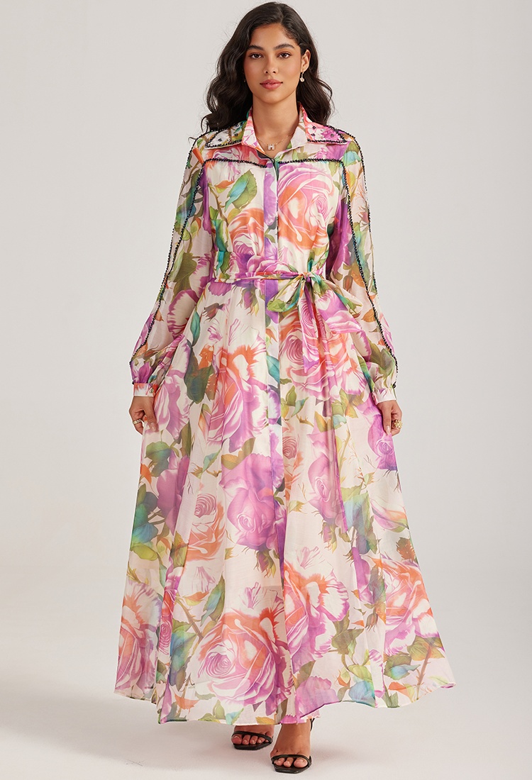Court style long sleeve dress printing long dress