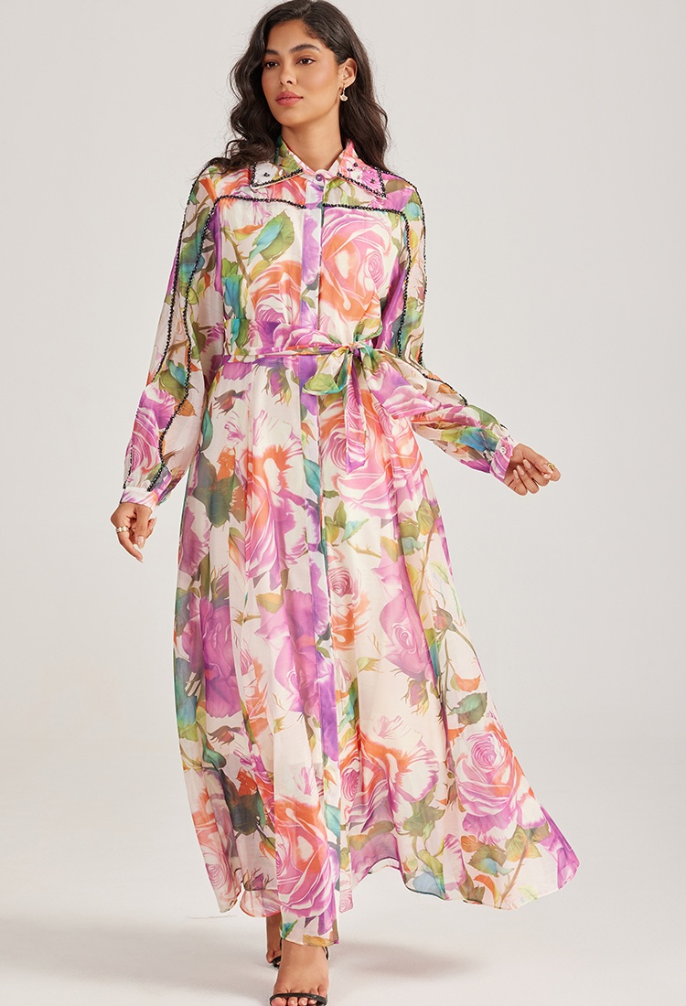 Court style long sleeve dress printing long dress