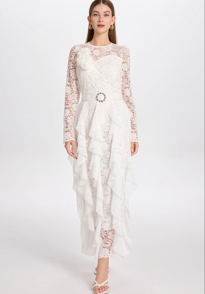 Lace mermaid slim diamond dress splice temperament chiffon belt