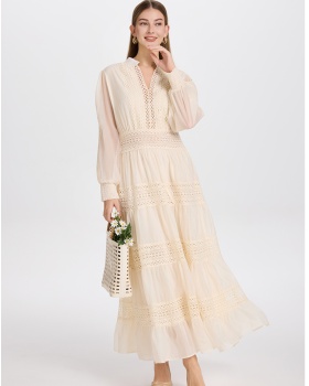 Hollow pinched waist retro lace temperament dress