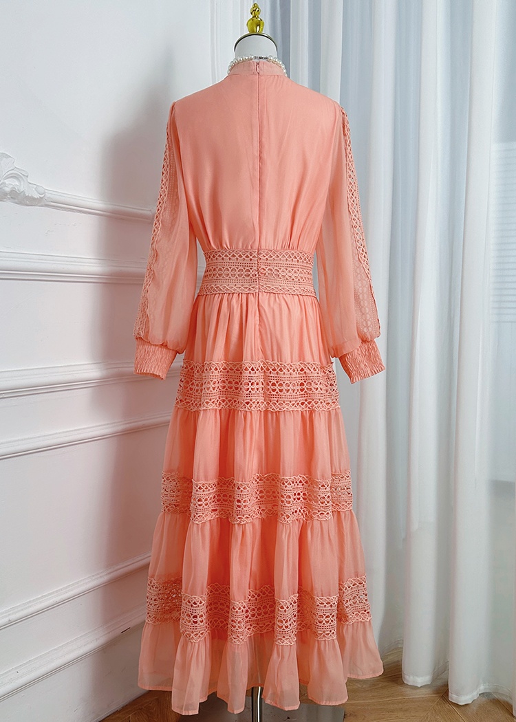 Hollow pinched waist retro lace temperament dress
