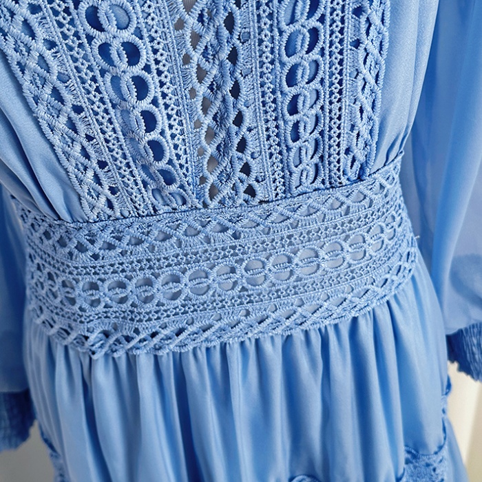 Hollow pinched waist retro lace temperament dress