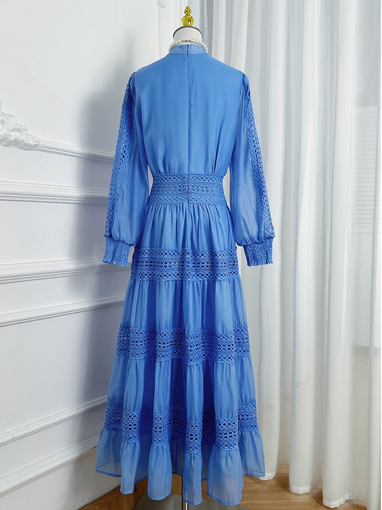 Hollow pinched waist retro lace temperament dress