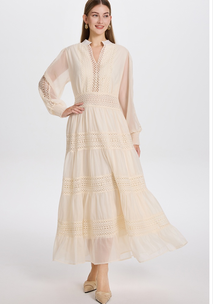Hollow pinched waist retro lace temperament dress