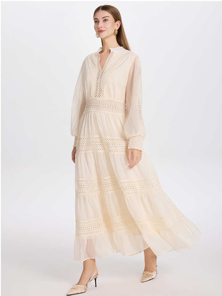 Hollow pinched waist retro lace temperament dress