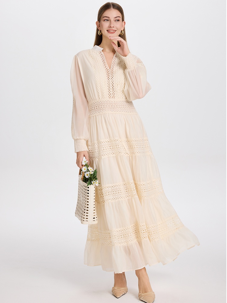 Hollow pinched waist retro lace temperament dress
