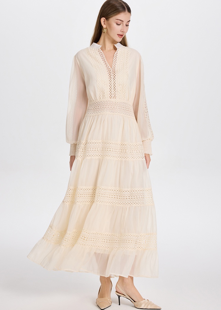 Hollow pinched waist retro lace temperament dress