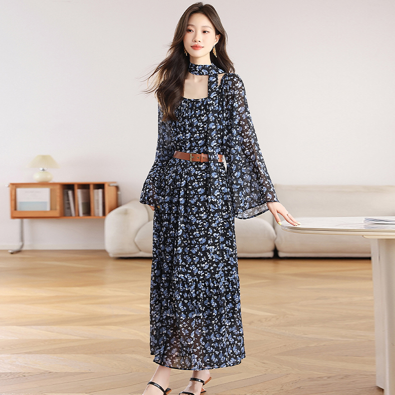 Retro long sleeve long dress autumn floral dress