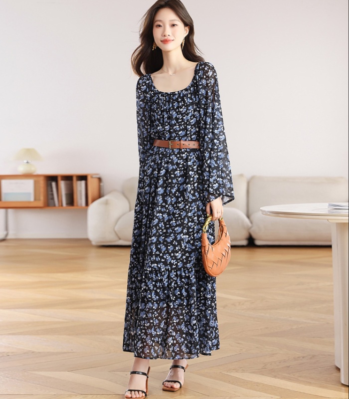 Retro long sleeve long dress autumn floral dress