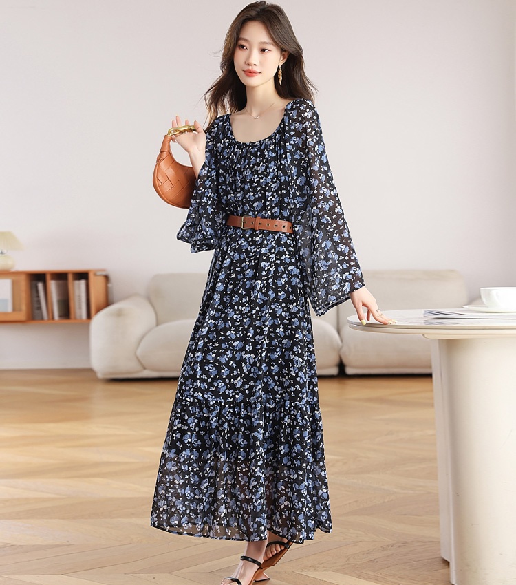 Retro long sleeve long dress autumn floral dress