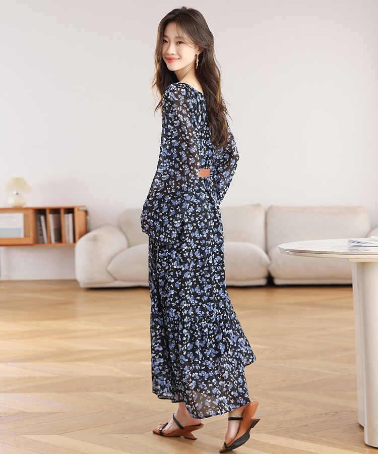 Retro long sleeve long dress autumn floral dress