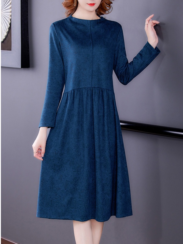 Long sleeve blue long dress bottoming dress for women