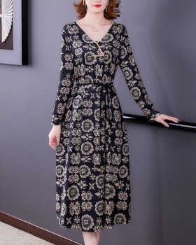 Floral slim temperament long sleeve pinched waist dress