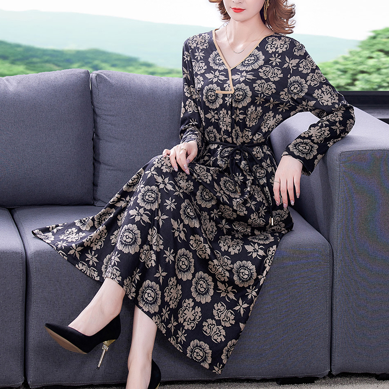 Floral slim temperament long sleeve pinched waist dress
